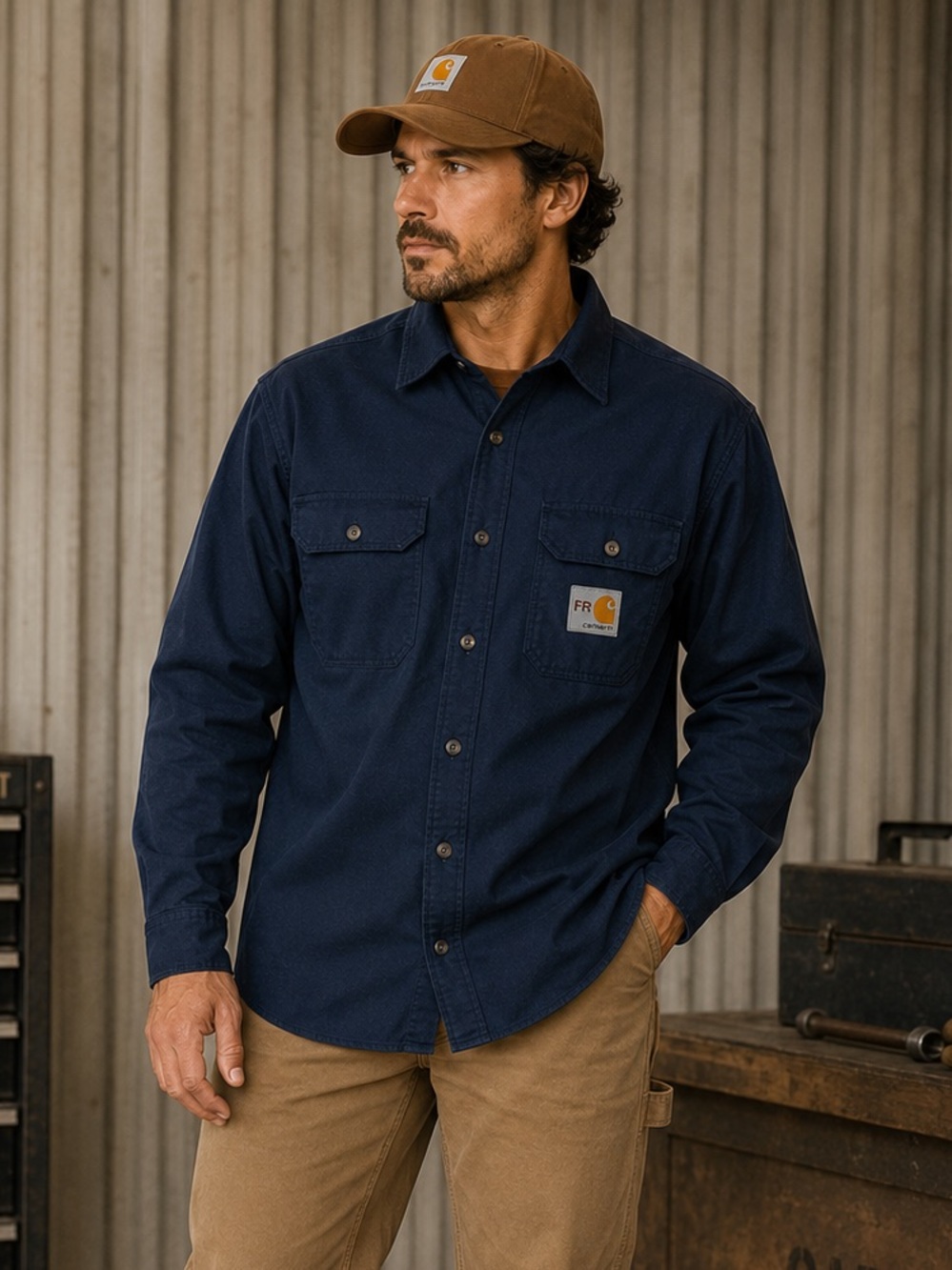 Carhartt FR Flame Resistant Work Shirt Men’s Medium Regular Navy Button Front